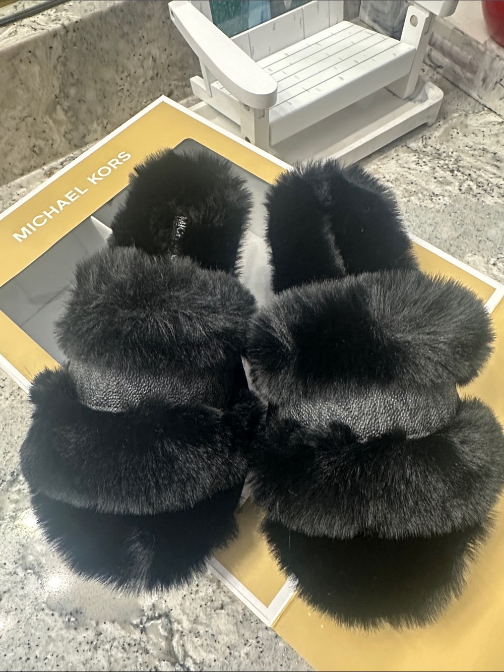 BRAND NEW Michael Kors Black Faux Fur Triple-Band Slide